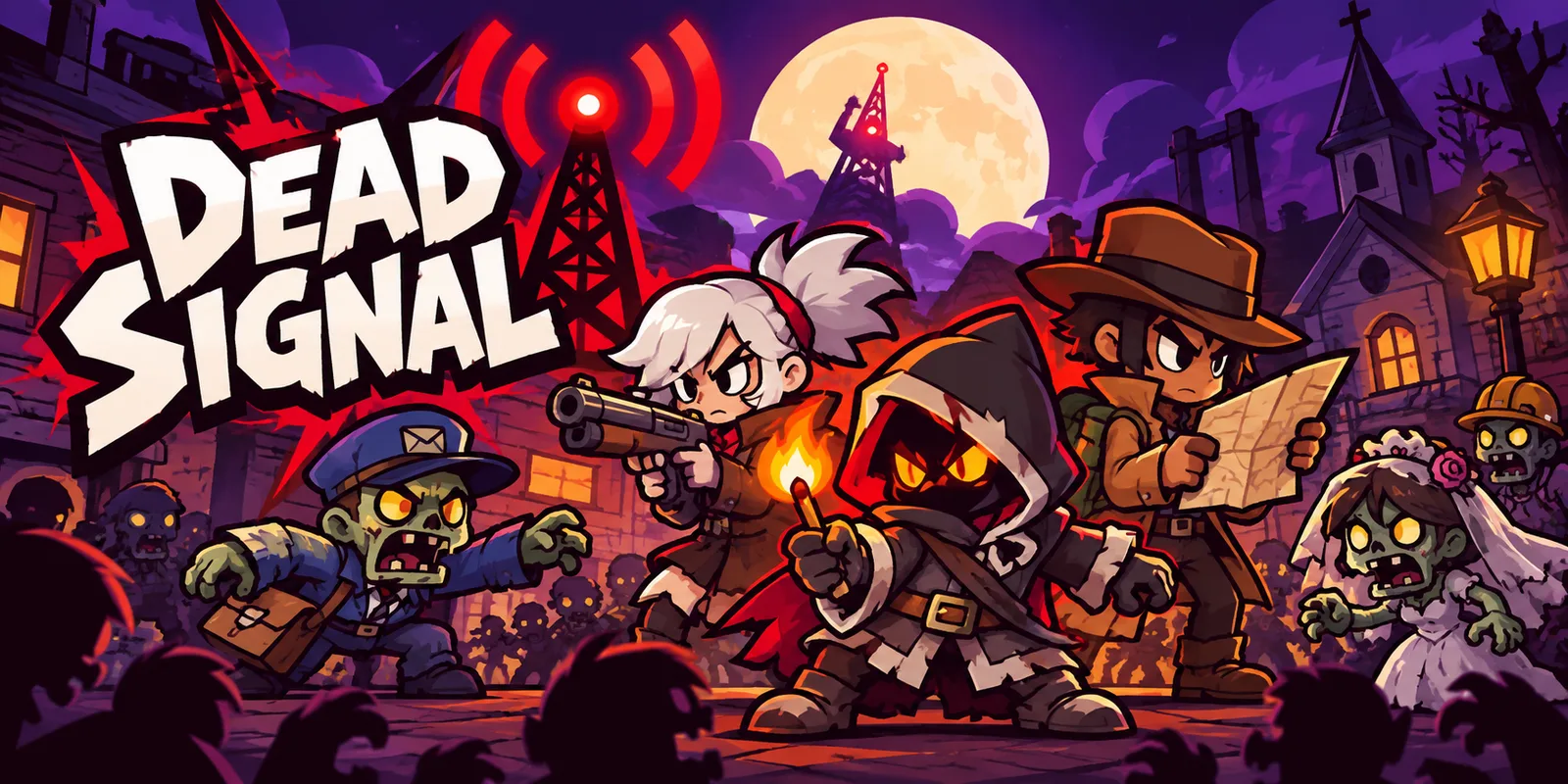 Dead Signal: investigadores do sobrenatural enfrentando zumbis cartoon numa cidade à noite
